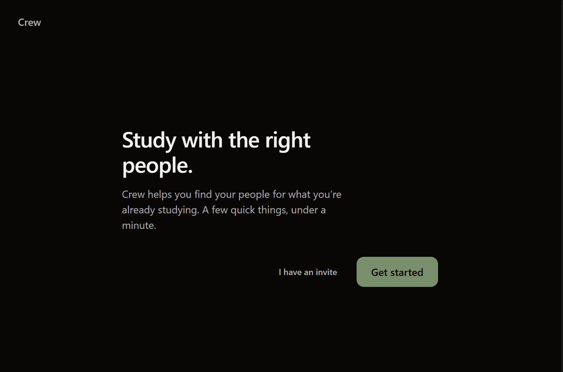 Crew landing page reading 'Study with the right people', a study-group matcher for high schoolers