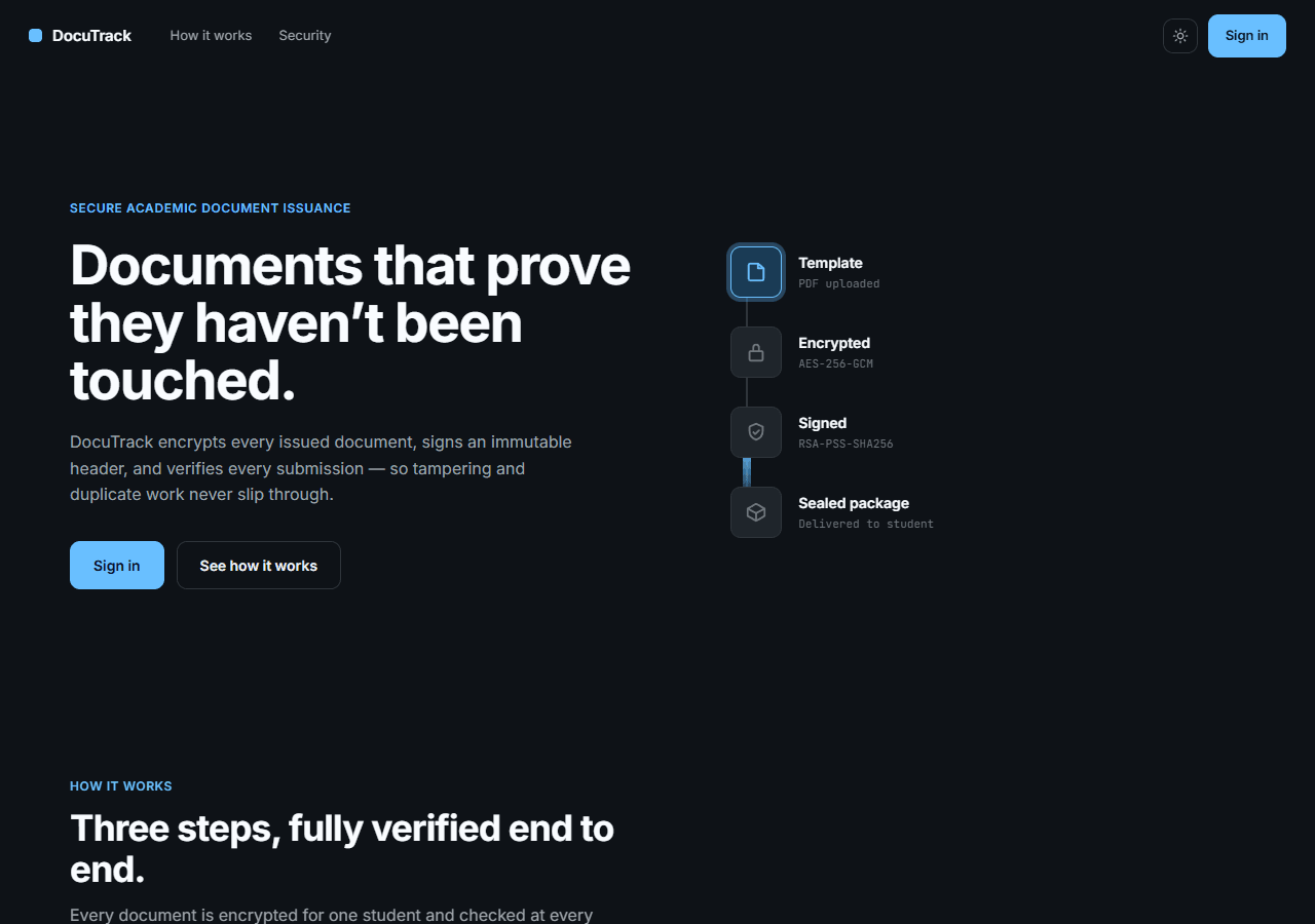 DocuTrack landing page reading 'Documents that prove they haven't been touched', beside a template โ encrypted โ signed โ sealed pipeline